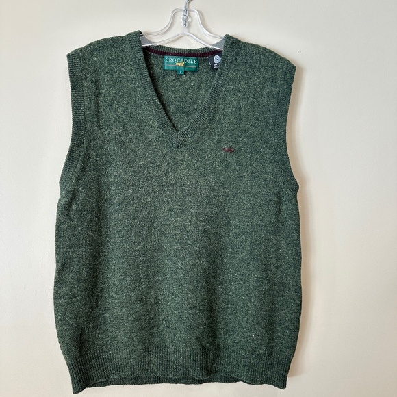 Vintage Crocodile Wool Dark Green V Neck Sweater Vest Size L Lacoste - Picture 1 of 12